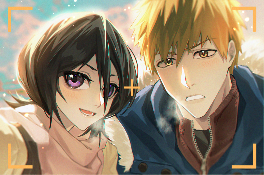 1boy 1girl backpack bag black_hair bleach blue_jacket blurry blurry_background blush breath cardigan cloud commentary fur-trimmed_hood fur_trim hair_between_eyes happy_birthday highres hood hood_down hooded_jacket jacket kuchiki_rukia kurosaki_ichigo light_blush light_particles looking_at_viewer lower_teeth_only open_mouth orange_eyes outdoors outstretched_arm pink_scarf portrait purple_eyes scarf selfie short_hair sidelocks sky smile takenokoqvq teeth very_short_hair viewfinder winter_clothes yellow_cardigan zipper zipper_pull_tab