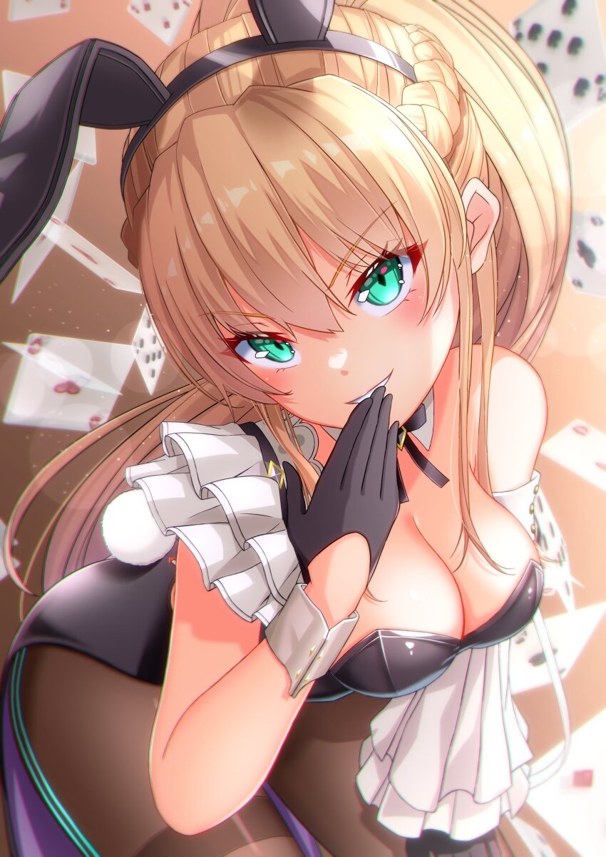 1girl absurdres animal_ears asaba_touka black_gloves black_leotard blonde_hair blush braid breasts cleavage detached_collar fake_animal_ears fake_tail gloves green_eyes grin half_up_braid heaven_burns_red highleg highleg_leotard highres leotard long_hair pantyhose playboy_bunny poker ponytail rabbit_ears rabbit_tail smile solo strapless strapless_leotard tail toujou_tsukasa wrist_cuffs