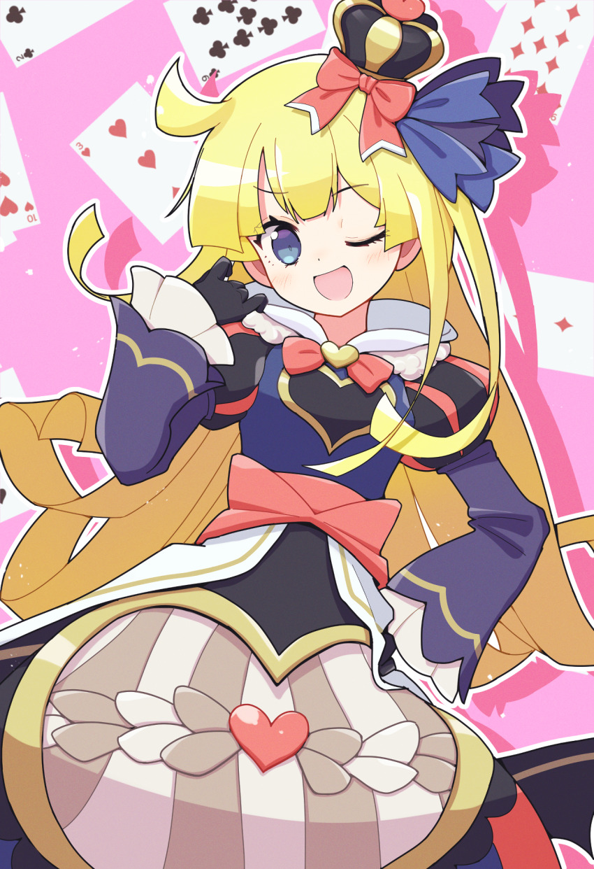 1girl ;d ahoge black_dress black_gloves blonde_hair blue_eyes blunt_ends bow bowtie breasts brooch card cowboy_shot crown dress gloves gown hair_bow hair_flip hand_up hands_on_own_hips head_tilt heart heart_brooch highres jazz_grace jewelry juliet_sleeves long_hair long_sleeves mini_crown one_eye_closed open_mouth outline pink_background pink_bow pink_bowtie playing_card puffy_sleeves puyopuyo puyopuyo_quest raised_eyebrow red_sash sash small_breasts smile solo very_long_hair white_outline witch_(puyopuyo)