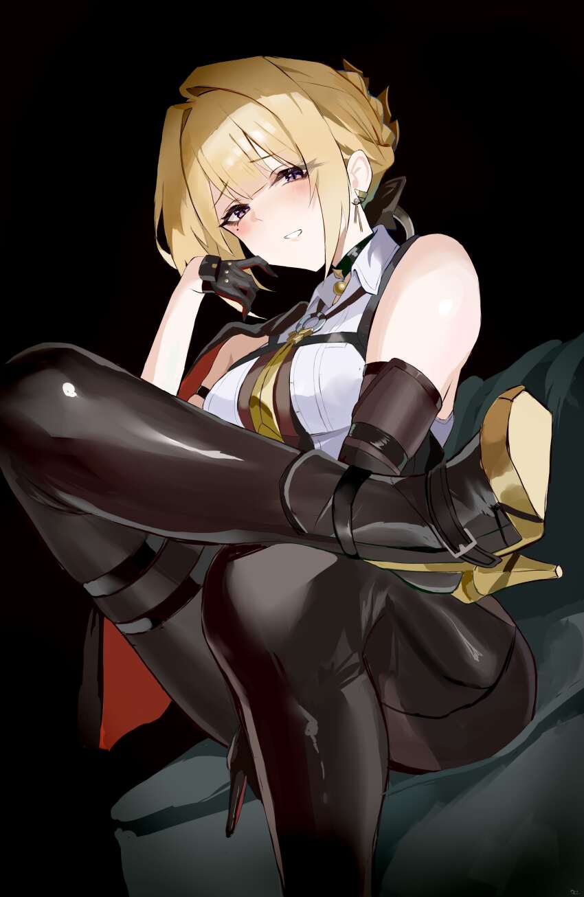 1girl absurdres arm_strap black_jacket black_pants blonde_hair boots breasts choker cleavage commentary_request couch elbow_gloves evelyn_chevalier gloves hair_ornament hand_up high_heel_boots high_heels highres jacket jewelry leggings looking_at_viewer mole mole_under_eye necktie open_mouth pants partial_commentary purple_eyes ring_hair_ornament shirt short_hair sitting smile solo tight_clothes tight_pants yato_(yama0x1) yellow_necktie zenless_zone_zero