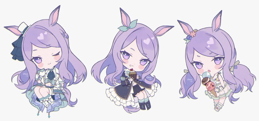 1girl :o :t animal_ears bad_id bad_twitter_id black_coat black_skirt blue_socks blush_stickers bow braid chibi closed_mouth coat ear_bow food food_on_face hat highres holding horse_ears horse_tail ice_cream_cone looking_at_viewer mejiro_mcqueen_(end_of_sky)_(umamusume) mejiro_mcqueen_(ripple_fairlady)_(umamusume) mejiro_mcqueen_(umamusume) midriff_peek mini_hat mini_top_hat miniskirt navel one_eye_closed open_clothes open_coat pastry pleated_skirt purple_hair satsuki_(miicat) simple_background skirt smile socks tail top_hat umamusume white_background
