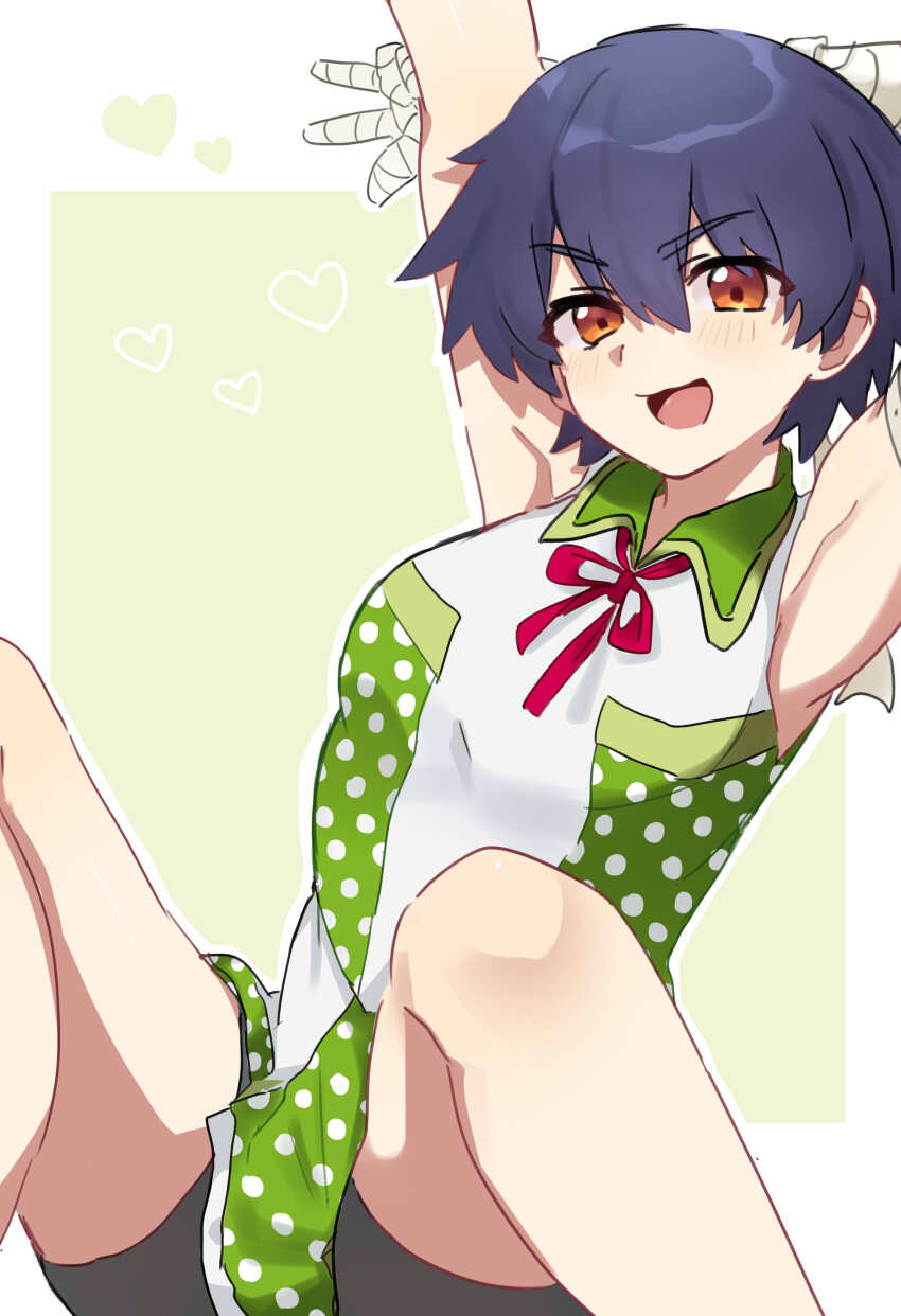 1girl :3 :d absurdres armpits arms_behind_head arms_up bandaged_arm bandages bike_shorts bike_shorts_under_skirt black_shorts blush border breasts brown_eyes collared_dress commentary dress green_background green_dress hair_between_eyes hand_on_own_arm heart highres idol_clothes kanbaru_suruga knees_up leaning_back medium_breasts monogatari_(series) monogatari_series_puc_puc on_ground open_mouth outline outside_border polka_dot polka_dot_dress purple_hair short_hair shorts simple_background sitting sleeveless sleeveless_dress smile solo spread_legs stretching thick_eyebrows tomboy tsugumi_(tgm_615486) two-tone_dress v-shaped_eyebrows white_border white_dress white_outline