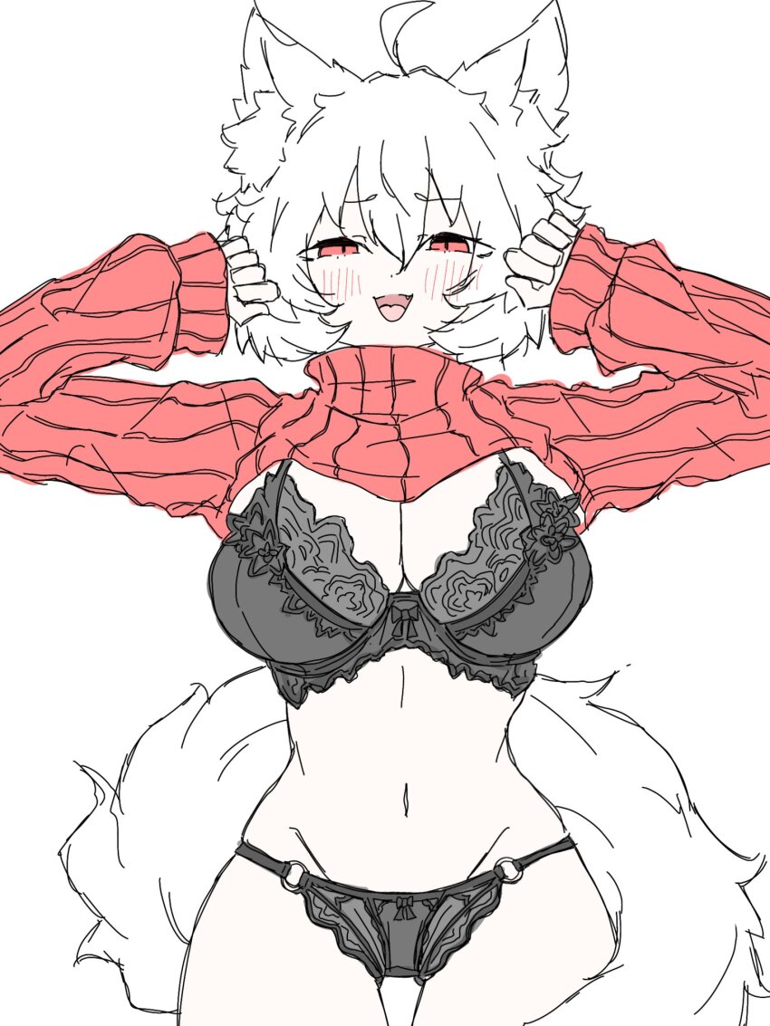1girl ahoge alternate_costume animal_ear_fluff animal_ears black_bra black_panties blush bra breasts clothes_lift cowboy_shot fumomono highres inubashiri_momiji lace lace-trimmed_bra lace-trimmed_panties lace_trim large_breasts lifting_own_clothes looking_at_viewer lowleg lowleg_panties messy_hair navel open_mouth panties red_eyes red_sweater ribbed_sweater smile solo sweater tail touhou underwear white_hair wolf_ears wolf_girl wolf_tail