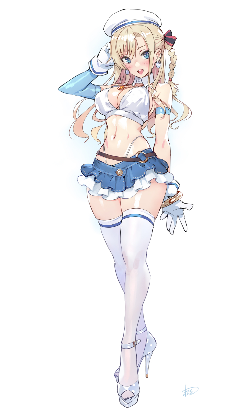 1girl absurdres alternate_costume armband artist_name bare_shoulders belt beret blonde_hair blue_eyes blush bracelet braid breasts cleavage commentary_request earrings gloves hand_up hat high_heels high_school_fleet highleg highleg_panties highres jewelry layered_skirt long_hair looking_at_viewer matsuda_(matsukichi) medium_breasts midriff miniskirt navel necklace o-ring o-ring_belt open_mouth panties shiny_skin signature simple_background skirt sleeveless smile solo stomach thighhighs thighs underwear wilhelmina_braunschweig_ingenohl_friedeburg zettai_ryouiki