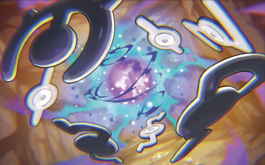 black_eyes creature energy floating full_body game_freak gen_2_pokemon nintendo no_humans official_art pokemon pokemon_(creature) pokemon_tcg saitou_naoki single_eye third-party_source unown unown_g unown_i unown_m unown_n unown_s