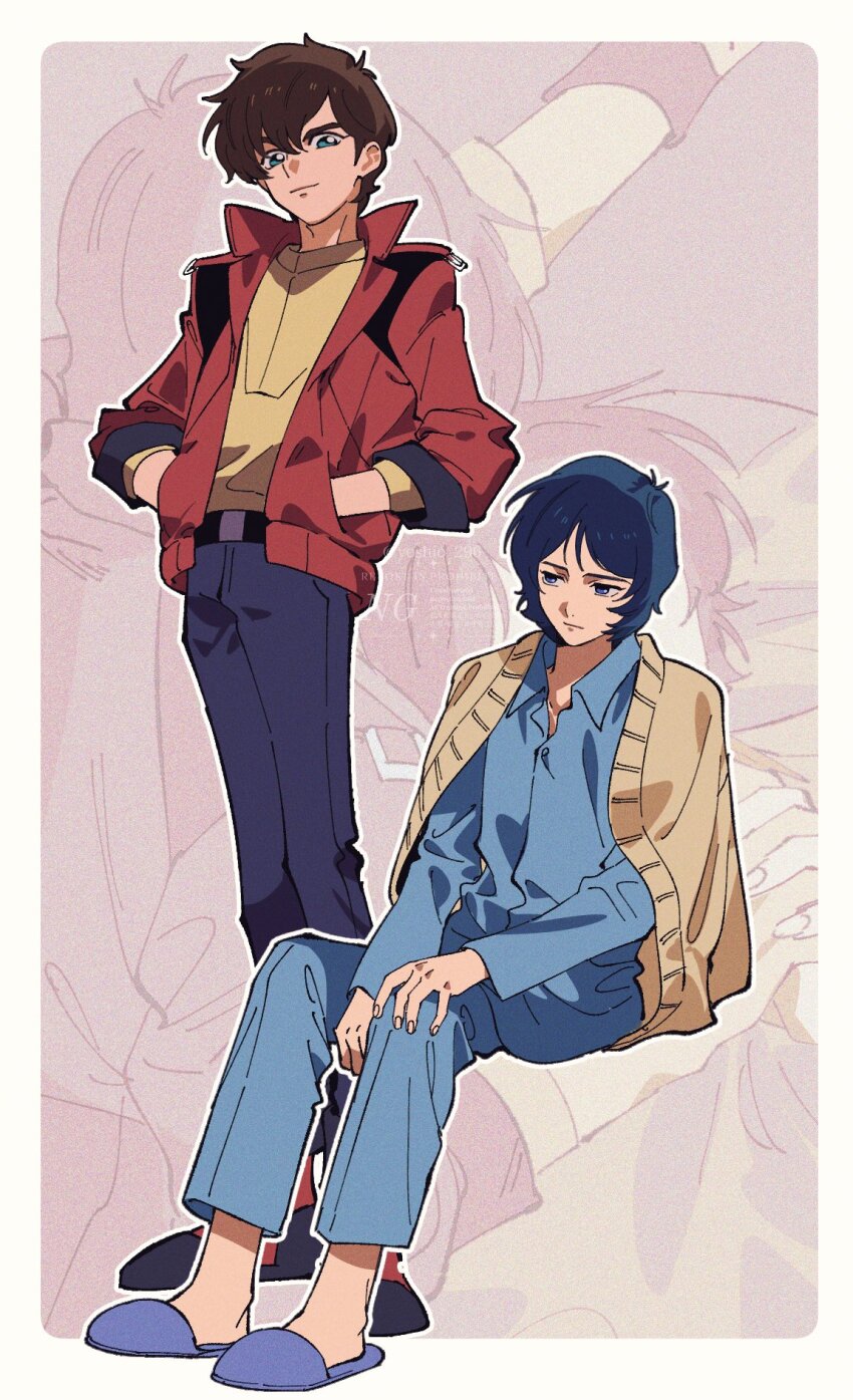 2boys aqua_eyes between_legs blue_eyes blue_hair blue_shirt blue_shoes blue_slippers border brown_hair cardigan cardigan_on_shoulders closed_mouth collared_shirt expressionless film_grain full_body gundam gundam_zz hair_between_eyes hand_between_legs hand_on_own_knee hands_in_pockets highres holding_hands invisible_chair jacket judau_ashta kamille_bidan male_focus multiple_boys multiple_views open_clothes open_collar open_jacket outline red_jacket red_socks scene_reference shirt shoes short_hair sitting slippers socks standing watermark white_border white_outline wing_collar yellow_cardigan yellow_shirt yoshio_296