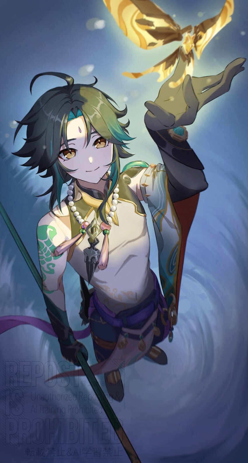 1boy ahoge aqua_hair arm_tattoo arm_up asymmetrical_gloves belt black_boots black_gloves black_hair blue_gemstone blue_gloves blue_pants boots bug butterfly chinese_clothes closed_mouth covered_collarbone crystalfly_(genshin_impact) detached_sleeves diamond-shaped_pupils diamond_(shape) eyeshadow facial_mark forehead_mark full_body gem genshin_impact gloves gold_trim hair_between_eyes highres holding holding_polearm holding_weapon insect jewelry long_sleeves looking_up makeup male_focus mandarin_collar mihanada_(_mihanada) mismatched_gloves multicolored_hair necklace pants pearl_necklace pelvic_curtain polearm primordial_jade_winged-spear_(genshin_impact) purple_belt red_eyeshadow shirt short_hair shoulder_spikes sidelocks single_bare_shoulder single_detached_sleeve sleeveless sleeveless_shirt smile solo spikes standing symbol-shaped_pupils tassel tattoo two-tone_hair vision_(genshin_impact) water watermark weapon white_shirt wide_sleeves xiao_(genshin_impact) yellow_butterfly yellow_eyes