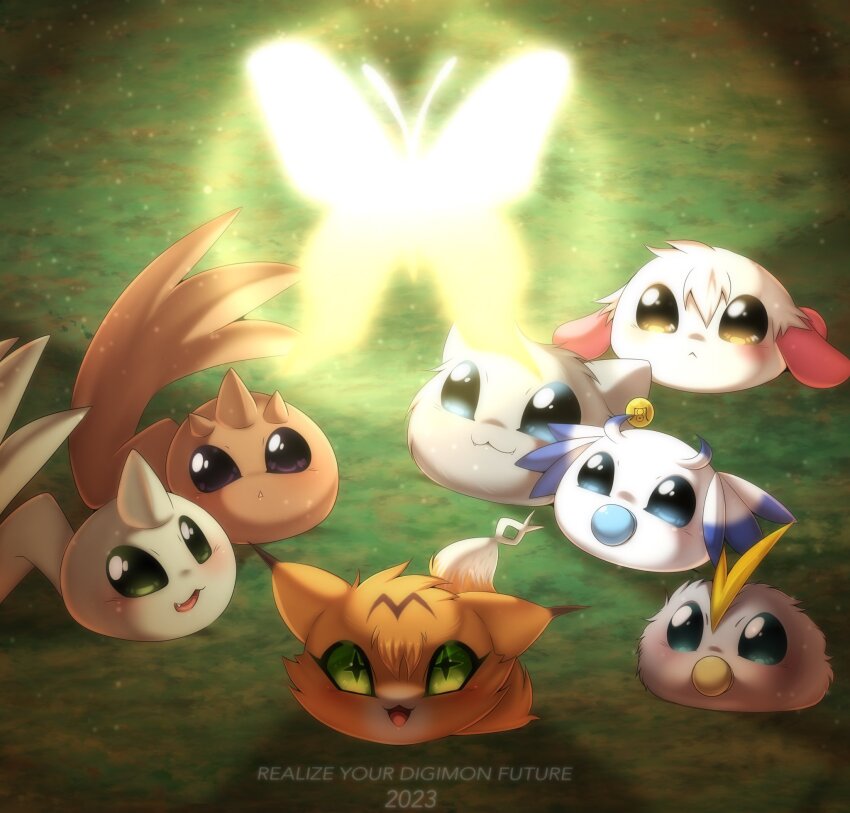 animal_ears bug butterfly cat cat_ears cocomon digimon dog green_eyes happy highres horns insect meicoomon morphomon original pacifier paomon pusumon smile zerimon