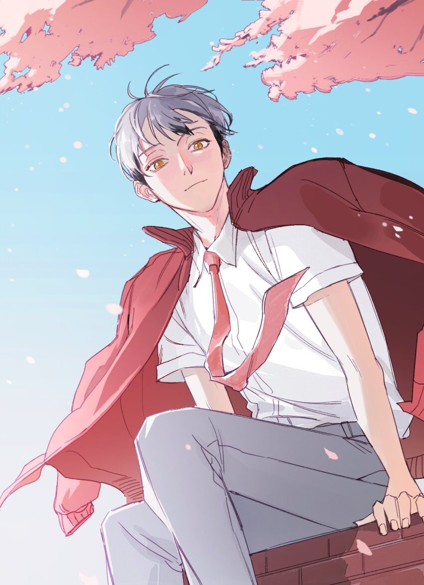1boy black_hair blue_sky brown_eyes cherry_blossoms closed_mouth collared_jacket collared_shirt cookiechochop falling_petals feet_out_of_frame fingernails floating_clothes grey_hair grey_pants haikyuu!! highres jacket jacket_on_shoulders kita_shinsuke korean_commentary looking_at_viewer male_focus necktie outdoors pants petals popped_collar red_jacket red_necktie shirt short_hair sitting sky solo tree white_shirt wing_collar