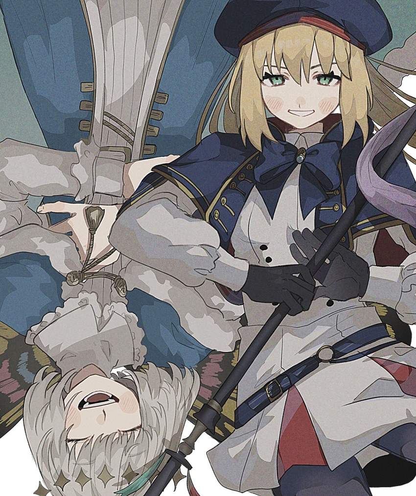 1boy 1girl arthropod_boy artoria_caster_(fate) artoria_caster_(second_ascension)_(fate) artoria_pendragon_(fate) belt beret black_gloves blonde_hair blue_belt blue_cape blue_capelet blue_cloak blush butterfly_wings buttons cape capelet cloak crown diamond_hairband double-breasted dress fate/grand_order fate_(series) gloves green_eyes grey_hair hat highres holding holding_staff hood hooded_cape insect_wings long_hair long_sleeves looking_at_viewer marmyadose_(fate) medium_hair multicolored_cape multicolored_capelet multicolored_cloak o-ring o-ring_belt oberon_(fate) oberon_(first_ascension)_(fate) open_mouth ornament pantyhose smile staff striped_belt syusyaku twintails wings