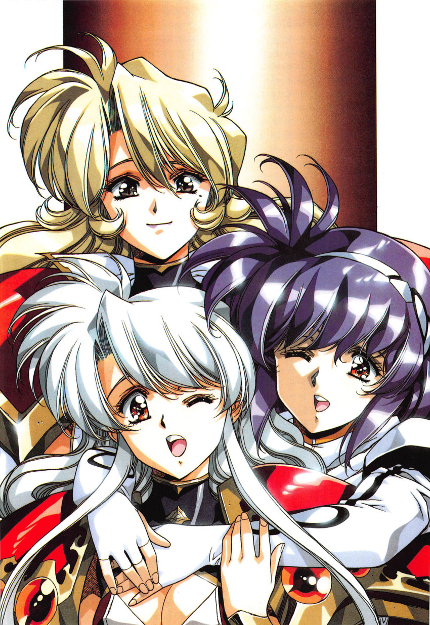1990s_(style) 3girls armor arms_around_neck breasts brenda_(langrisser) brown_eyes claret_(langrisser) cleavage closed_mouth gloves hair_between_eyes highres hug lambda_(langrisser) langrisser langrisser_v lipstick long_hair looking_at_viewer makeup mole mole_under_eye multiple_girls open_mouth pauldrons purple_hair retro_artstyle scan scan_artifacts shoulder_armor sidelocks smile urushihara_satoshi very_long_hair white_hair