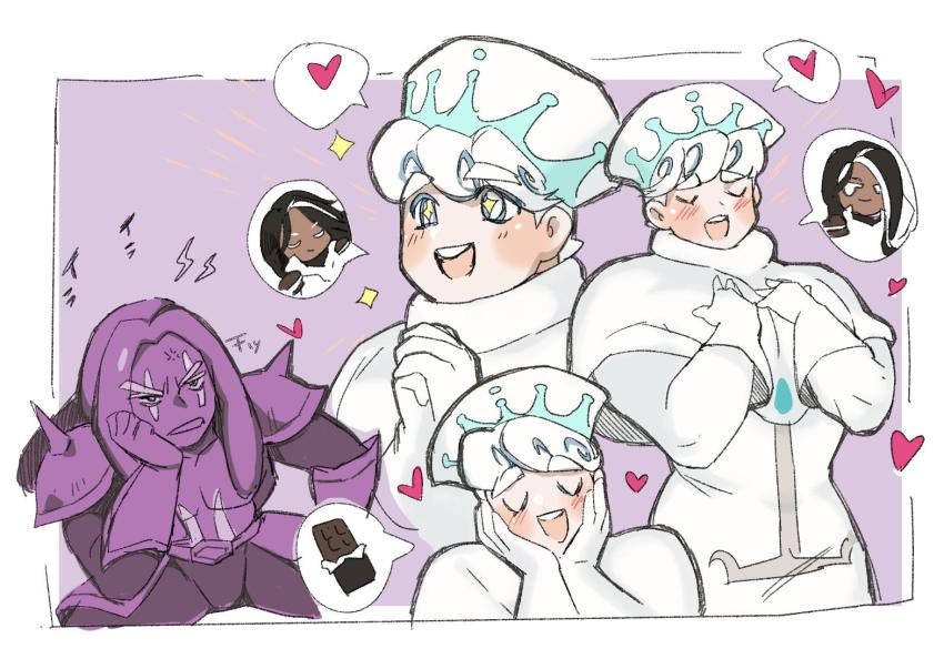 2boys annoyed armor bad_id bad_twitter_id candy capelet chocolate chocolate_bar cookie_run dark_choco_cookie dreadlocks food male_focus milk_cookie multiple_boys pauldrons personification purple_background purple_yam_cookie shoulder_armor simple_background sitting spoken_character spoken_food white_hair