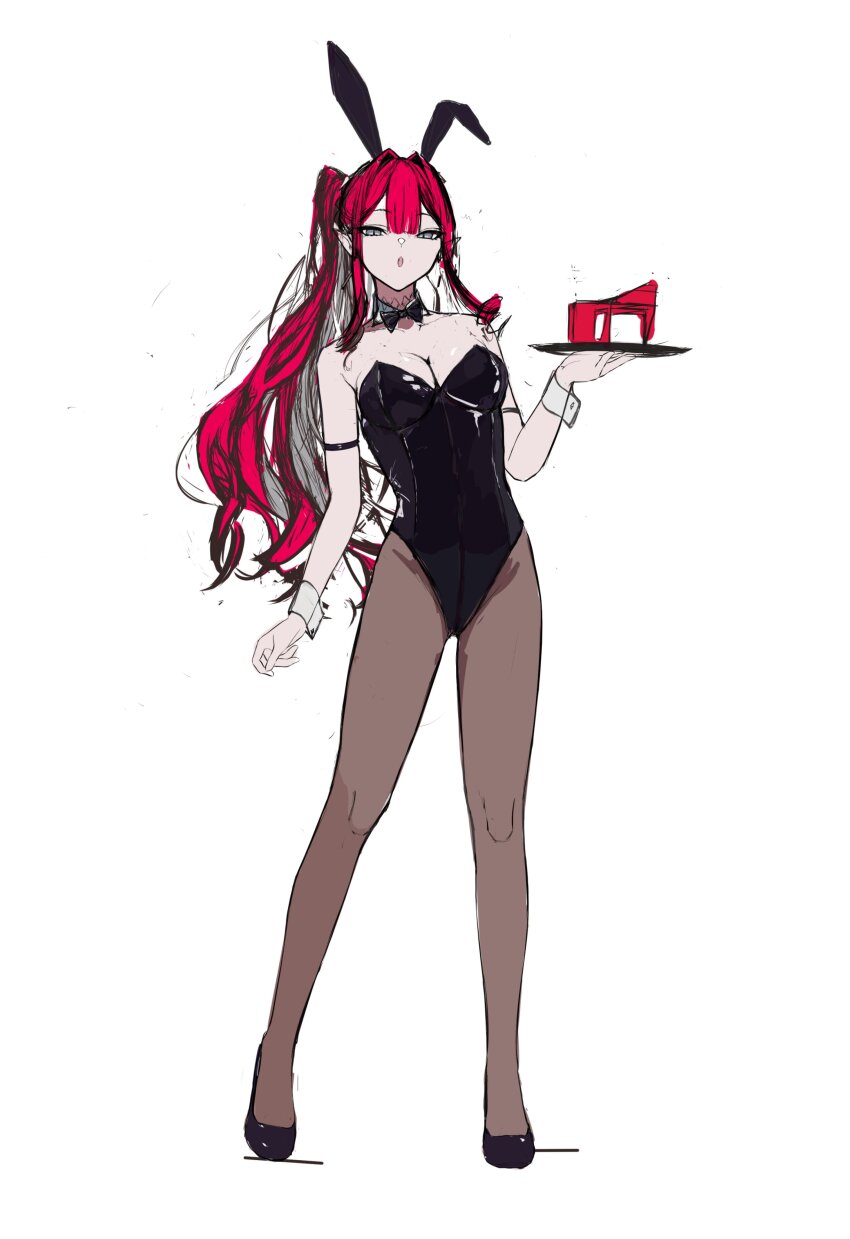 1girl absurdres animal_ears arm_at_side baobhan_sith_(fate) black_bow black_bowtie black_leotard bow bowtie breasts cleavage contrapposto detached_sleeves fate/grand_order fate_(series) food_request grey_eyes hair_between_eyes high_heels highres holding holding_tray leotard long_hair looking_at_viewer medium_breasts pantyhose playboy_bunny pointy_ears rabbit_ears red_hair sketch solo strapless strapless_leotard tray uriuriyukitti very_long_hair white_background wrist_cuffs