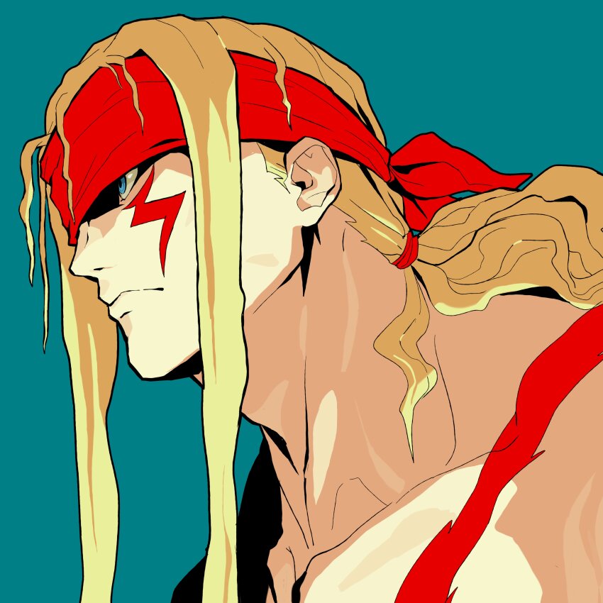 1boy absurdres alex_(street_fighter) blonde_hair blue_eyes body_markings closed_mouth collarbone facial_mark frown green_background headband highres male_focus ponytail profile red_headband sach56000 simple_background solo street_fighter street_fighter_iii_(series) topless_male upper_body