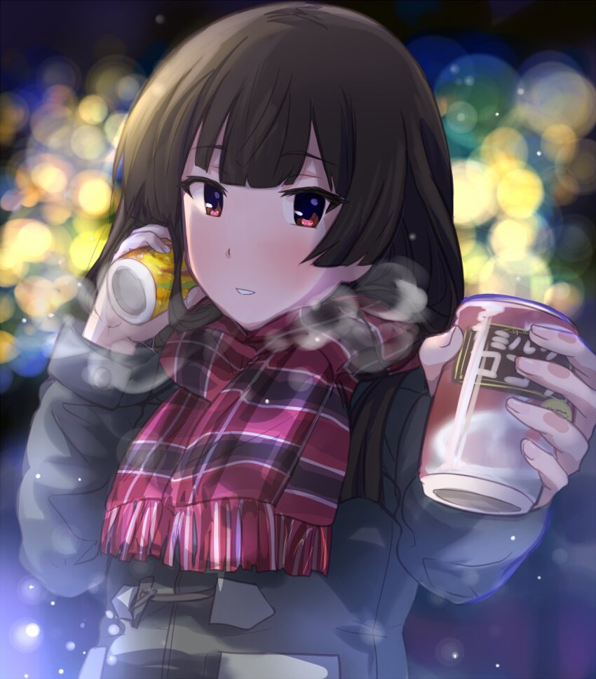 1girl blunt_bangs blurry blurry_background bokeh brown_coat brown_hair can coat commentary_request depth_of_field drink highres hime_cut holding holding_can holding_drink incoming_drink juujou_hiyori long_hair long_sleeves looking_at_viewer mashitono_desu parted_lips plaid_clothes plaid_scarf red_eyes red_scarf scarf solo steam toji_no_miko upper_body winter_clothes