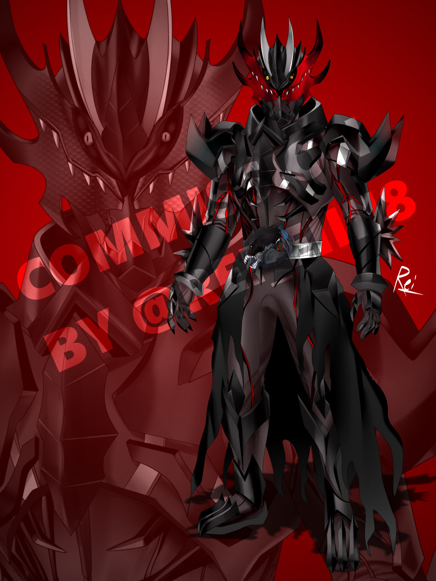 1boy absurdres arm_blade armor belt bodysuit commission compound_eyes rider_belt full_body gloves godzilla godzilla_(series) godzilla_singular_point godzilla_ultima helmet highres kamen_rider kamen_rider_01_(series) looking_at_viewer male_focus red_eyes reiei_8 rider_belt solo standing tokusatsu weapon