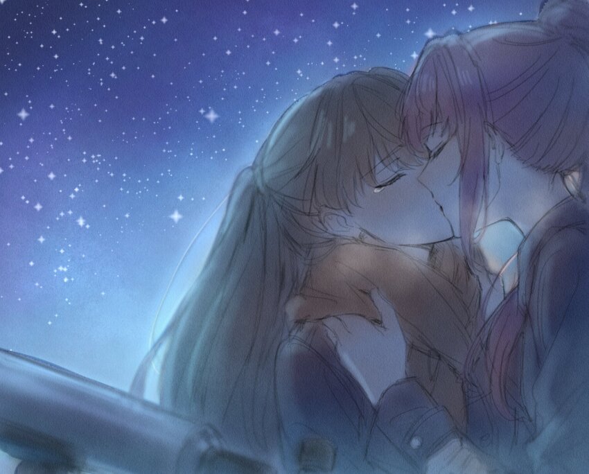 2girls adjusting_another&#039;s_clothes adjusting_scarf black_coat brown_hair brown_scarf closed_eyes coat commentary english_commentary fujishima_megumi highres kiss link!_like!_love_live! long_hair long_sleeves love_live! mixed-language_commentary multiple_girls night night_sky otomune_kozue profile purple_hair scarf side_ponytail sidelocks sky star_(sky) starry_sky tears telescope two_side_up virtual_youtuber yuri zenma_trang