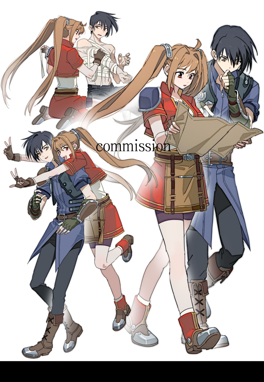 1boy 1girl absurdres ahoge antenna_hair arm_guards armor bandaged_arm bandaged_chest bandages bike_shorts bike_shorts_under_skirt black_gloves black_hair black_pants boots brown_gloves commentary commission cropped_jacket eiyuu_densetsu english_commentary estelle_bright fingerless_gloves gloves hair_intakes highres holding holding_map joshua_bright long_hair map pants parted_bangs pauldrons red_eyes shoes short_sleeves shorts shorts_under_skirt shoulder_armor simple_background single_pauldron skirt sneakers sora_no_kiseki twintails very_long_hair white_background yellow_eyes yiguanli123