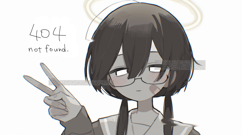 1girl 404 absurdres ahoge bandaid bandaid_on_cheek bandaid_on_face black-framed_eyewear brown_hair brown_shirt chromatic_aberration closed_mouth commentary empty_eyes english_text film_grain glasses grey_sailor_collar hair_between_eyes halo hand_up highres http_status_code long_hair looking_at_viewer low_twintails myomuron original portrait sailor_collar sailor_shirt semi-rimless_eyewear shirt simple_background solo twintails v white_background white_eyes