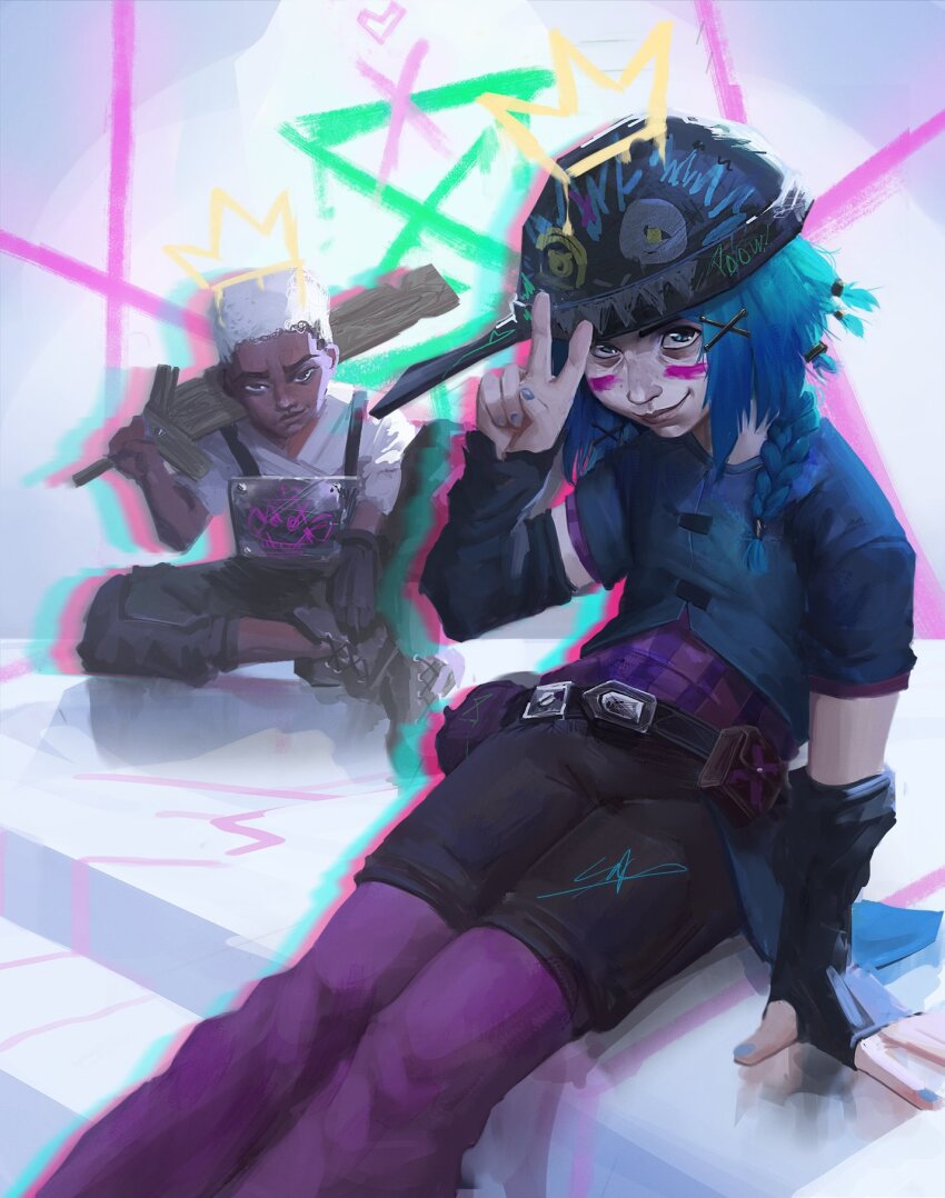 1boy 1girl arcane:_league_of_legends belt_buckle belt_pouch black_gloves black_shorts blue_eyes blue_hair blue_nails braid brown_eyes buckle child commentary dark-skinned_male dark_skin drawn_crown ekko_(league_of_legends) english_commentary facepaint feet_out_of_frame firelight_ekko gloves graffiti hair_ornament heart heart_background highres jinx_(league_of_legends) league_of_legends leggings leggings_under_shorts long_hair looking_at_viewer over_shoulder pot_on_head pouch powder_(arcane) purple_leggings shirt short_hair short_sleeves shorts single_braid single_glove sitting smile smirk sophyucha striped_clothes sword sword_over_shoulder v very_short_hair weapon weapon_over_shoulder white_background white_hair white_shirt wooden_sword x x_hair_ornament