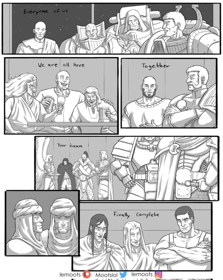 6+boys alpharius_omegon angel_wings angron armor comic corvus_corax cup english_text ferrus_manus fulgrim greyscale highres holding holding_cup instagram_logo instagram_username jaghatai_khan konrad_curze laughing leman_russ lion_el&#039;jonson lorgar_aurelian lost_primarchs magnus_the_red monochrome mootslol mortarion multiple_boys patreon_logo patreon_username perturabo power_armor primarch roboute_guilliman rogal_dorn sanguinius twitter_logo twitter_username vulkan warhammer_40k wings