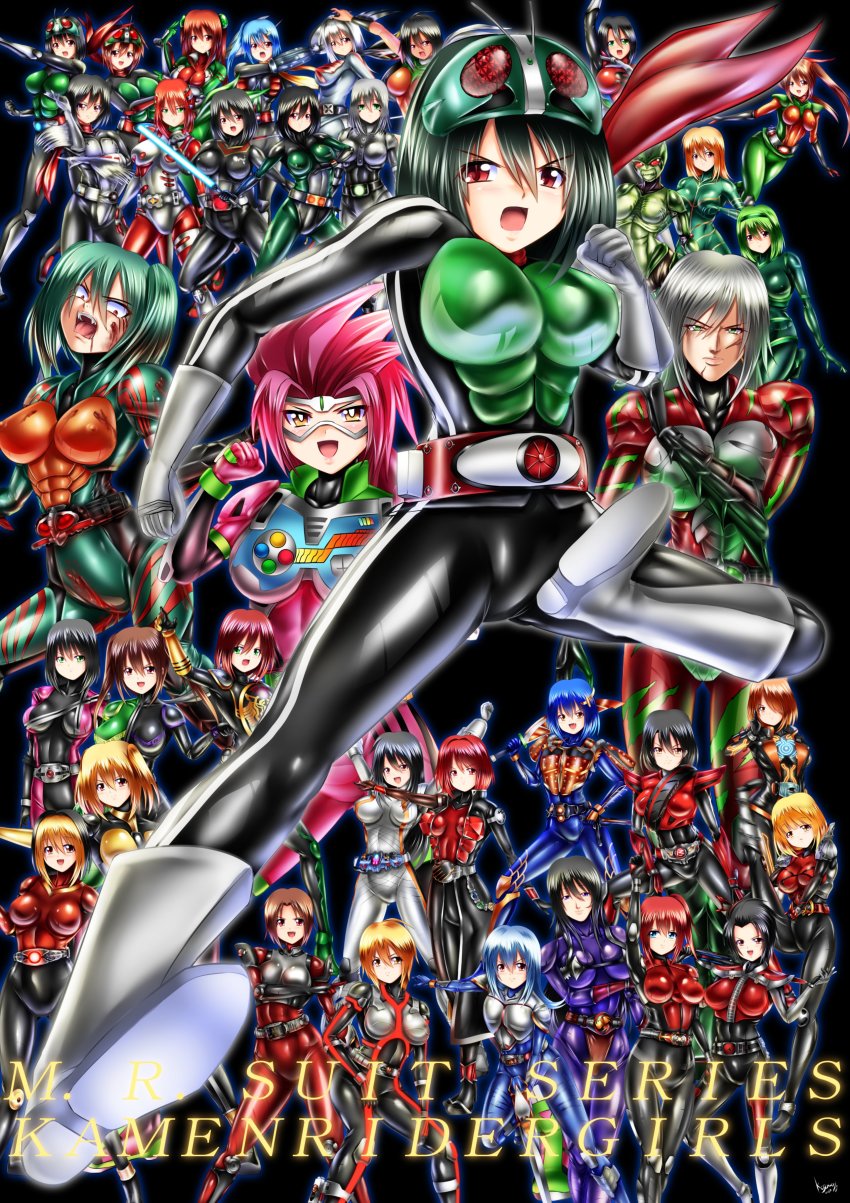 6+girls absurdres bodysuit breasts cosplay formal_clothes genderswap genderswap_(mtf) highres huge_breasts kamen_rider kamen_rider_(1st_series) kamen_rider_1 kamen_rider_2 kamen_rider_555 kamen_rider_agito kamen_rider_agito_(series) kamen_rider_amazon kamen_rider_amazon_(series) kamen_rider_amazon_alpha kamen_rider_amazon_omega kamen_rider_amazons kamen_rider_black kamen_rider_black_(series) kamen_rider_black_rx kamen_rider_black_rx_(series) kamen_rider_blade kamen_rider_blade_(series) kamen_rider_dcd kamen_rider_decade kamen_rider_den-o kamen_rider_den-o_(series) kamen_rider_double kamen_rider_drive kamen_rider_drive_(series) kamen_rider_ex-aid kamen_rider_ex-aid_(series) kamen_rider_faiz kamen_rider_fourze kamen_rider_fourze_(series) kamen_rider_gaim kamen_rider_gaim_(series) kamen_rider_ghost kamen_rider_ghost_(series) kamen_rider_hibiki kamen_rider_hibiki_(series) kamen_rider_j kamen_rider_j_(movie) kamen_rider_kabuto kamen_rider_kabuto_(series) kamen_rider_kiva kamen_rider_kiva_(series) kamen_rider_kuuga kamen_rider_kuuga_(series) kamen_rider_ooo kamen_rider_ooo_(series) kamen_rider_ryuki kamen_rider_ryuki_(series) kamen_rider_shin kamen_rider_stronger kamen_rider_stronger_(series) kamen_rider_super-1 kamen_rider_super-1_(series) kamen_rider_v3 kamen_rider_v3_(series) kamen_rider_w kamen_rider_wizard kamen_rider_wizard_(series) kamen_rider_x kamen_rider_x_(series) kamen_rider_zo kamen_rider_zx kantai_collection kogawawaki long_hair mecha_pilot_suit multiple_girls open_mouth plugsuit_(evangelion) rider_belt riderman shadow_moon shin_kamen_rider_prologue short_hair skyrider suit