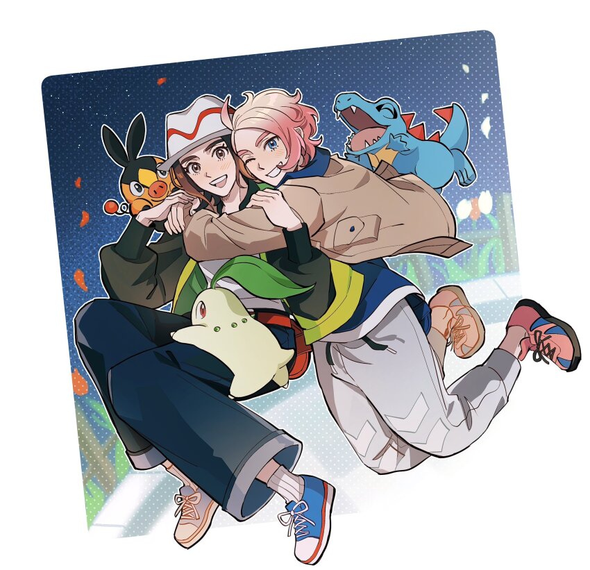 1boy 1girl :d blue_shirt blue_shoes brown_eyes brown_hair brown_jacket chikorita commentary english_commentary falling_petals gen_2_pokemon gen_5_pokemon grin hands_up happy harmony_(pokemon) hat highres hug hug_from_behind jacket nintendo open_clothes open_jacket open_mouth pants petals pink_hair pink_shoes pokemon pokemon_(creature) pokemon_legends:_z-a ribbed_socks seirorath shirt shoes smile sneakers socks teeth tepig totodile upper_teeth_only urbain_(pokemon) white_hat