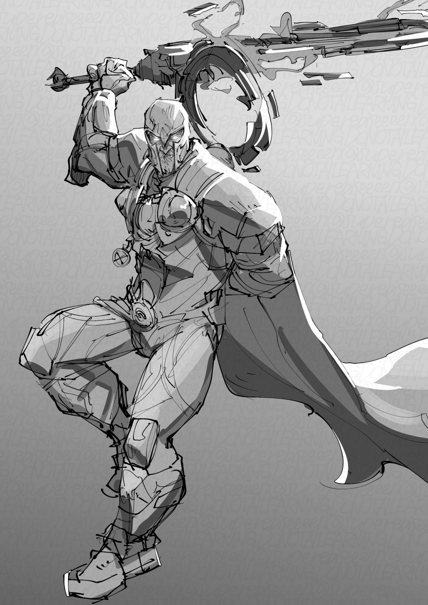 1boy absurdres arm_behind_back armor beard cape facial_hair grey_background grey_theme helmet highres holding holding_sword holding_weapon huge_weapon looking_at_viewer magneto marvel marvel_rivals muscular muscular_male old old_man superebiseeeen sword weapon x-men