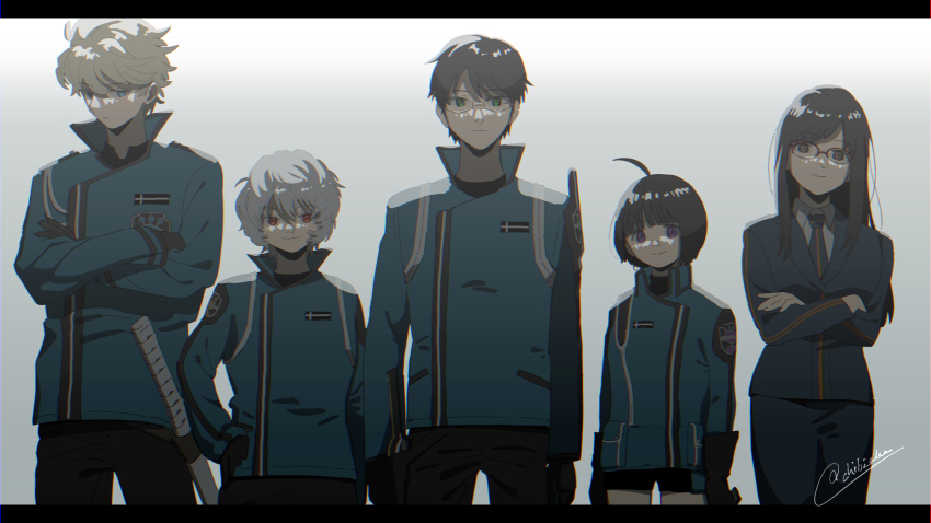 2girls 3boys :| ahoge amatori_chika arms_at_sides badge black_gloves black_jacket black_necktie black_pants black_shorts black_skirt blue_jacket bob_cut border_operator_uniform_(world_trigger) brown_hair chibi_ake closed_mouth collared_shirt crossed_arms glasses gloves green_eyes grey_hair highres hyuse jacket kuga_yuuma lineup long_hair long_sleeves mikumo_osamu mikumo_squad&#039;s_uniform multiple_boys multiple_girls necktie own_hands_together pants pencil_skirt purple_eyes red_eyes shirt short_hair shorts shoulder_guard skirt smile sword usami_shiori weapon white_background white_shirt world_trigger