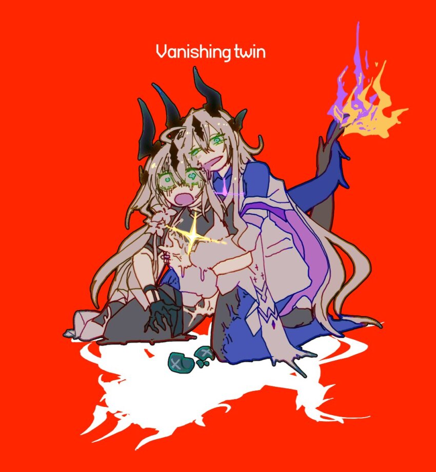 2girls arknights beokbeokgeo black_bodysuit black_gloves blue_bodysuit blue_eyes bodysuit commentary_request crying crying_with_eyes_open dragon_girl dragon_tail dress english_text fire flame-tipped_tail full_body fusion gloves glowing glowing_eyes grey_dress grey_hair heads_together horns hug hug_from_behind intertwined_tails kneeling korean_commentary lazy_eye long_hair multiple_girls necrass_(arknights) open_mouth purple_fire red_background reed_(arknights) reed_the_flame_shadow_(arknights) scared shadow simple_background tail tears wide-eyed