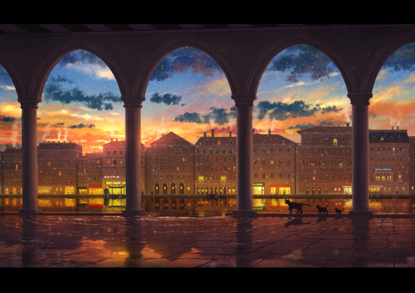 absurdres animal arcade_(architecture) arch building canal cat chimney city cityscape cloud cloudy_sky commentary_request evening gradient_sky highres letterboxed neon_lights no_humans original outdoors pavement pei_(sumurai) photoshop_(medium) pillar reflection ripples scenery silhouette sky smoke snowing sunset water window
