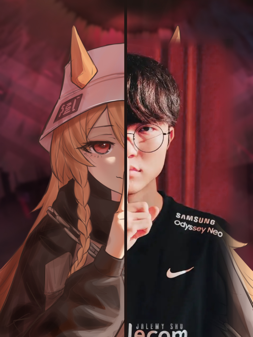 1boy 1girl animal_ears arknights black_hair black_jacket black_shirt blonde_hair braid ceobe_(arknights) ceobe_(unfettered)_(arknights) chain chinese_commentary closed_mouth clothes_writing commentary_request ears_through_headwear esports faker_(gamer) finger_to_mouth glasses hat highres jacket jiuyu_qame league_of_legends long_hair long_sleeves looking_at_viewer official_alternate_costume pose_imitation product_placement real_life red_eyes reference_photo round_eyewear shirt short_hair shushing side_braids smile split_theme t-shirt twin_braids upper_body variant_set white_hat