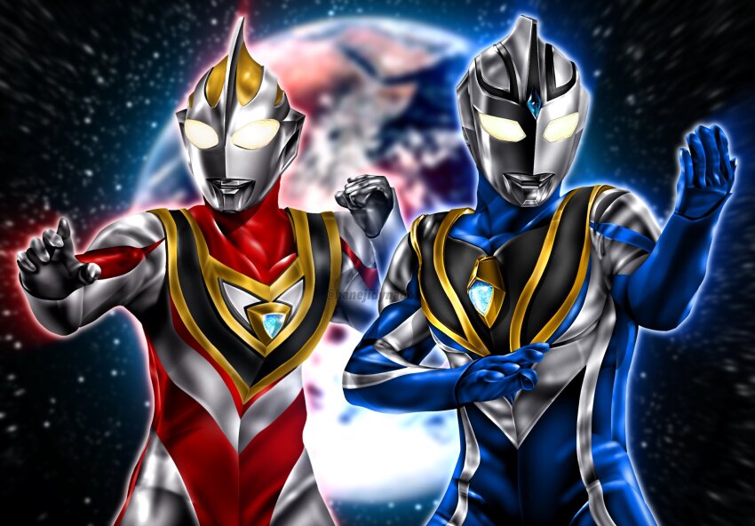 2boys alien armor blue_gemstone blue_skin blurry blurry_background breastplate clenched_hand collarbone color_timer colored_skin commentary compound_eyes dorsal_fin earth_(planet) fighting_stance forehead_jewel gem glowing glowing_eyes gold_trim hands_up hanejidyna86 highres looking_ahead male_focus multicolored_skin multiple_boys muscular muscular_male open_hands outstretched_arm pectorals planet red_skin side-by-side silver_skin space standing star_(sky) starry_sky_background tokusatsu twitter_username ultra_series ultraman_agul ultraman_gaia ultraman_gaia_(series) upper_body wrinkled_skin yellow_eyes