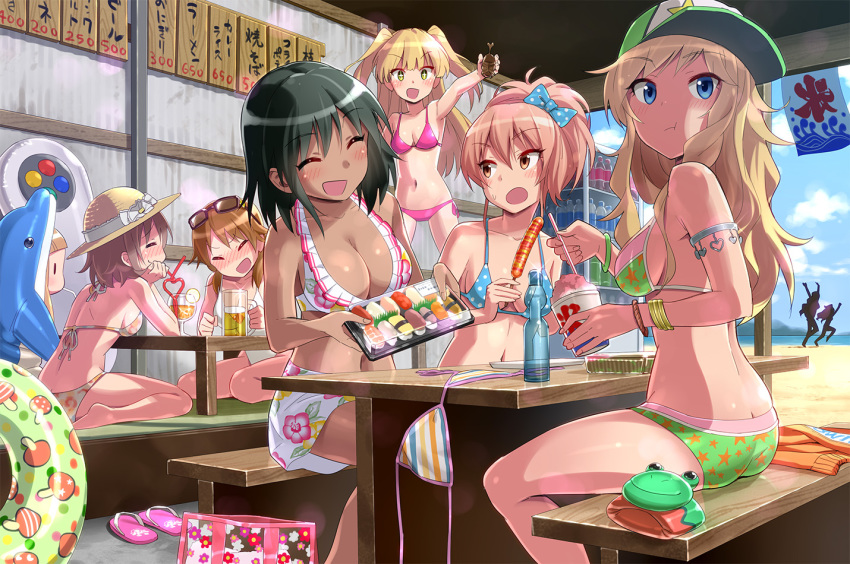 +_+ 0_0 10s 6+girls :t =_= ^_^ animal_costume aozora_stripe armlet bad_id bad_pixiv_id bare_shoulders barefoot baseball_cap beach beetle bikini bikini_skirt black_hair blonde_hair blue_bikini blue_eyes blush bow breasts brown_eyes brown_hair bug butt_crack cleavage closed_eyes cloud dark-skinned_female dark_skin day dolphin drinking drinking_straw eating eyewear_on_head fish_(food) floral_print food frilled_bikini frills glasses green_bikini green_eyes hair_bow hat holding holding_drinking_straw ichihara_nina idolmaster idolmaster_cinderella_girls innertube insect jewelry jougasaki_mika jougasaki_rika katagiri_sanae kita_hinako kooribata large_breasts long_hair looking_at_viewer lots_of_jewelry multicolored_stripes multiple_girls natalia_(idolmaster) navel nigirizushi ocean ohtsuki_yui one-piece_swimsuit open_mouth outdoors pink_bikini pink_hair polka_dot polka_dot_bikini polka_dot_swimsuit ponytail print_bikini shaved_ice shiny_skin shoes short_hair siblings side-tie_bikini_bottom sisters sitting sky smile sonsoso star_(symbol) star_print striped sunglasses sushi swim_ring swimsuit twintails two_side_up unworn_shoes wariza water white_bikini white_one-piece_swimsuit