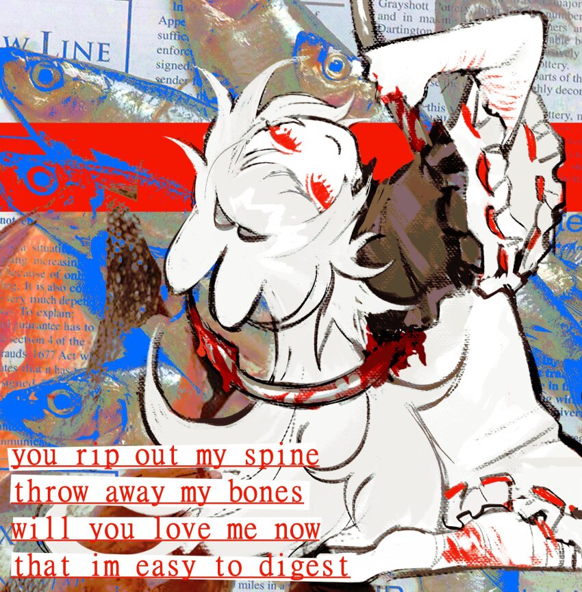 1girl animal_ears bandages blood dress english_text faust_(nonsensemanna) fish fish_hook frills from_behind head_tilt highres hook long_hair looking_at_viewer nonsensemanna original rabbit_ears red_eyes scar self-harm self-harm_scar sitting smile surreal weirdcore white_hair