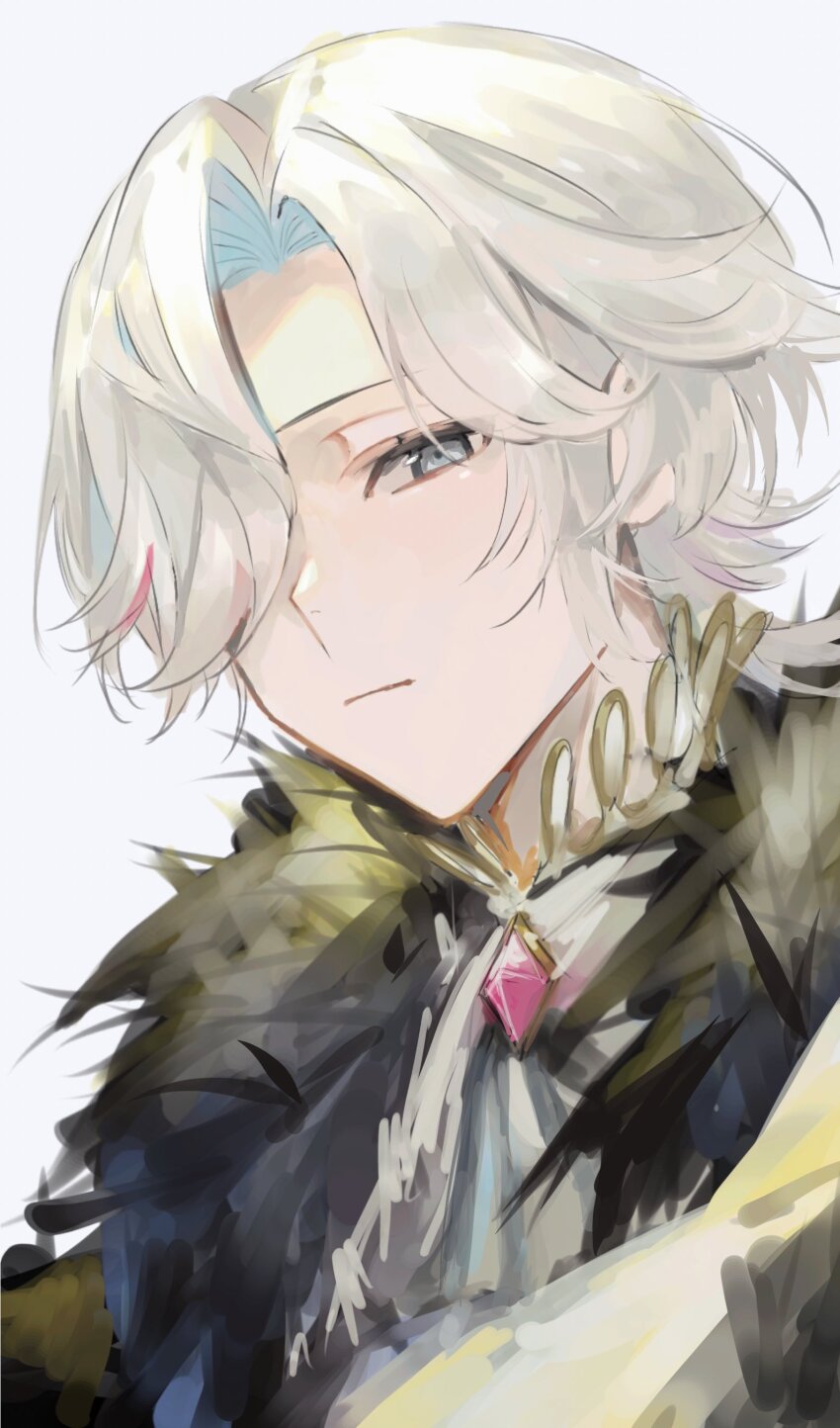 1boy :| absurdres ascot blue_hair brooch closed_mouth curtained_hair expressionless fur_trim gem grey_ascot grey_eyes hair_over_one_eye highres holostars jacket jewelry looking_at_viewer male_focus medium_hair mg_ytm multicolored_hair official_alternate_costume pink_gemstone pink_hair shirt simple_background solo streaked_hair upper_body utsugi_uyu virtual_youtuber white_background white_hair white_jacket white_shirt