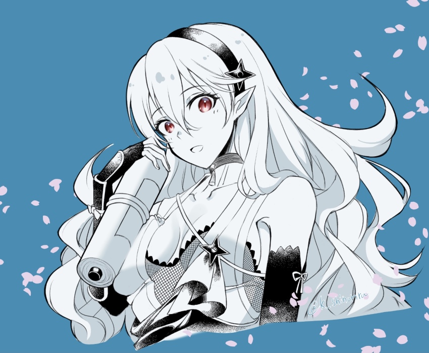 1girl :d blue_background breasts cherry_blossoms choker cleavage collarbone corrin_(female)_(fire_emblem) cropped_torso elbow_gloves fingerless_gloves fire_emblem fire_emblem_fates fishnets floating_hair gloves hair_between_eyes hairband highres holding holding_scroll karashino limited_palette long_hair looking_at_viewer medium_breasts ninja nintendo open_mouth pointy_ears red_eyes scroll sideboob smile solo twitter_username very_long_hair
