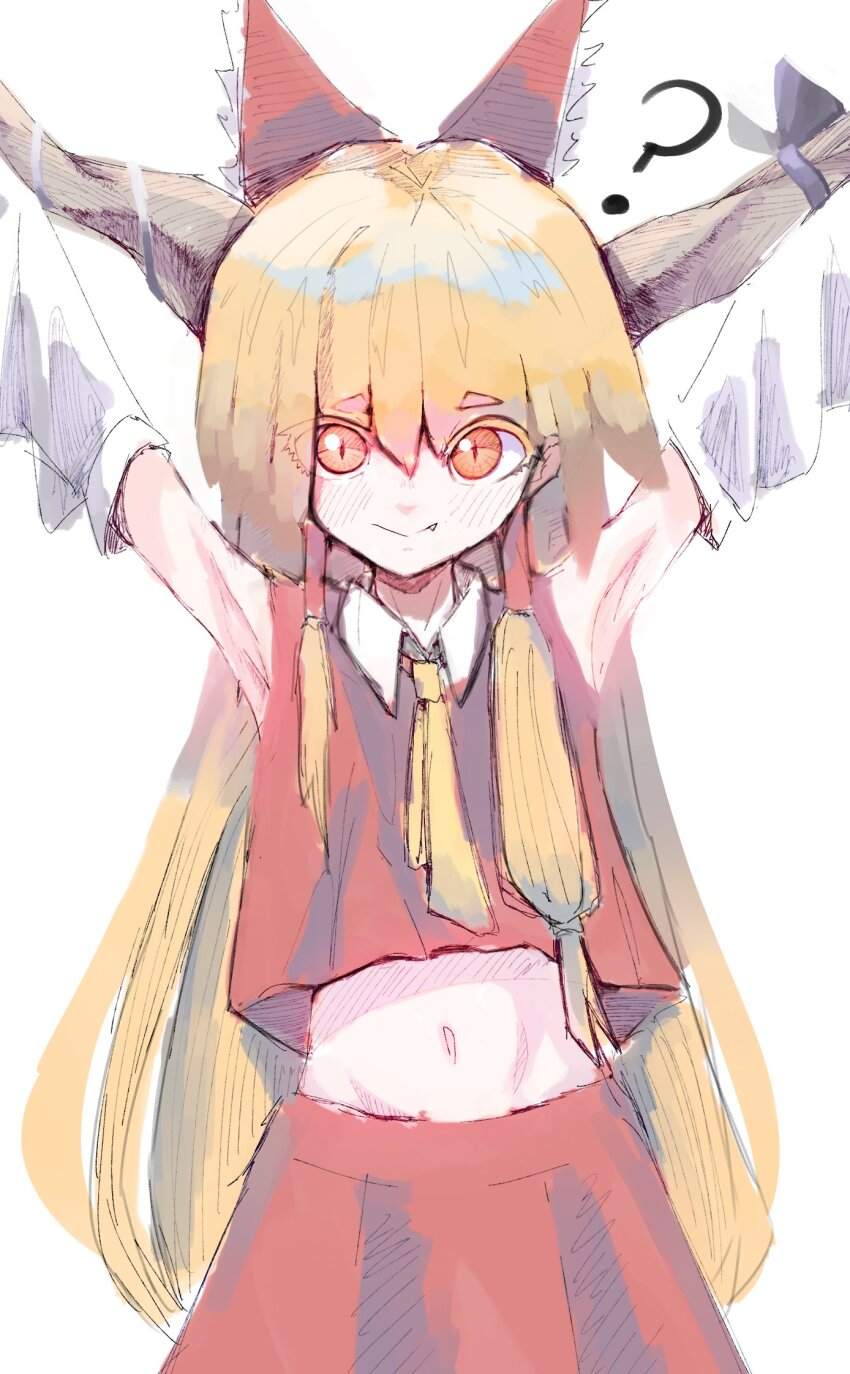 1girl 4rdilla armpits arms_up ascot blonde_hair bow cosplay detached_sleeves fang frilled_bow frills hair_bow hair_tubes hakurei_reimu hakurei_reimu_(cosplay) highres horn_ornament horn_ribbon horns ibuki_suika long_hair looking_at_viewer midriff oni purple_ribbon red_bow ribbon simple_background slit_pupils solo touhou white_background yellow_ascot