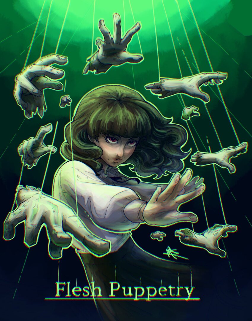 1girl chakadonb closed_mouth commentary disembodied_hand english_commentary english_text face_piercing fear_&amp;_hunger_(series) fear_&amp;_hunger_2:_termina green_background highres lips long_hair marina_(fear_&amp;_hunger) mouth_piercing outstretched_arms piercing puppet_strings red_eyes shirt shirt_tucked_in signature skirt solo white_shirt