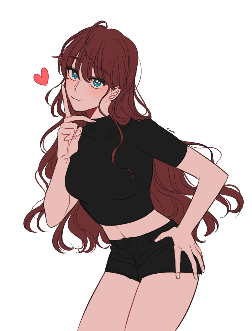 1girl black_shirt black_shorts blue_eyes brown_hair com_(com0107) cowboy_shot crop_top hand_on_own_hip head_tilt heart highres ichinose_shiki idolmaster idolmaster_cinderella_girls leaning_forward light_smile long_hair looking_at_viewer midriff shirt short_shorts shorts solo wavy_hair