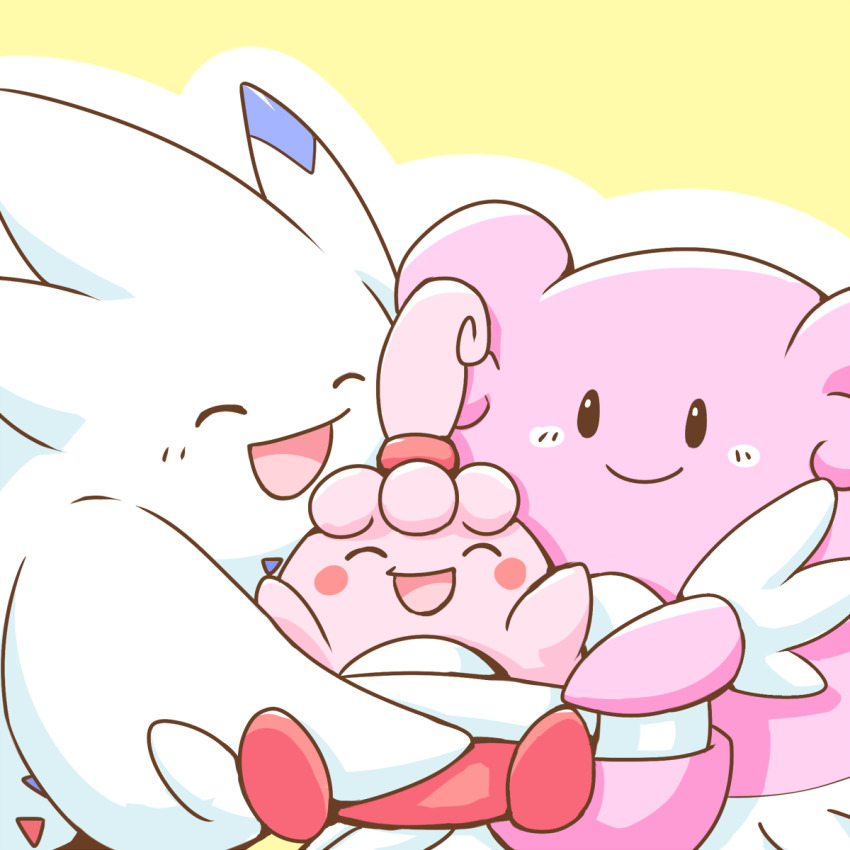 black_eyes blissey blush_stickers closed_mouth commentary_request game_freak gen_2_pokemon gen_4_pokemon happiny happy highres holding holding_pokemon kinakomochi_(kazuna922) nintendo no_humans pokemon pokemon_(creature) smile togekiss yellow_background