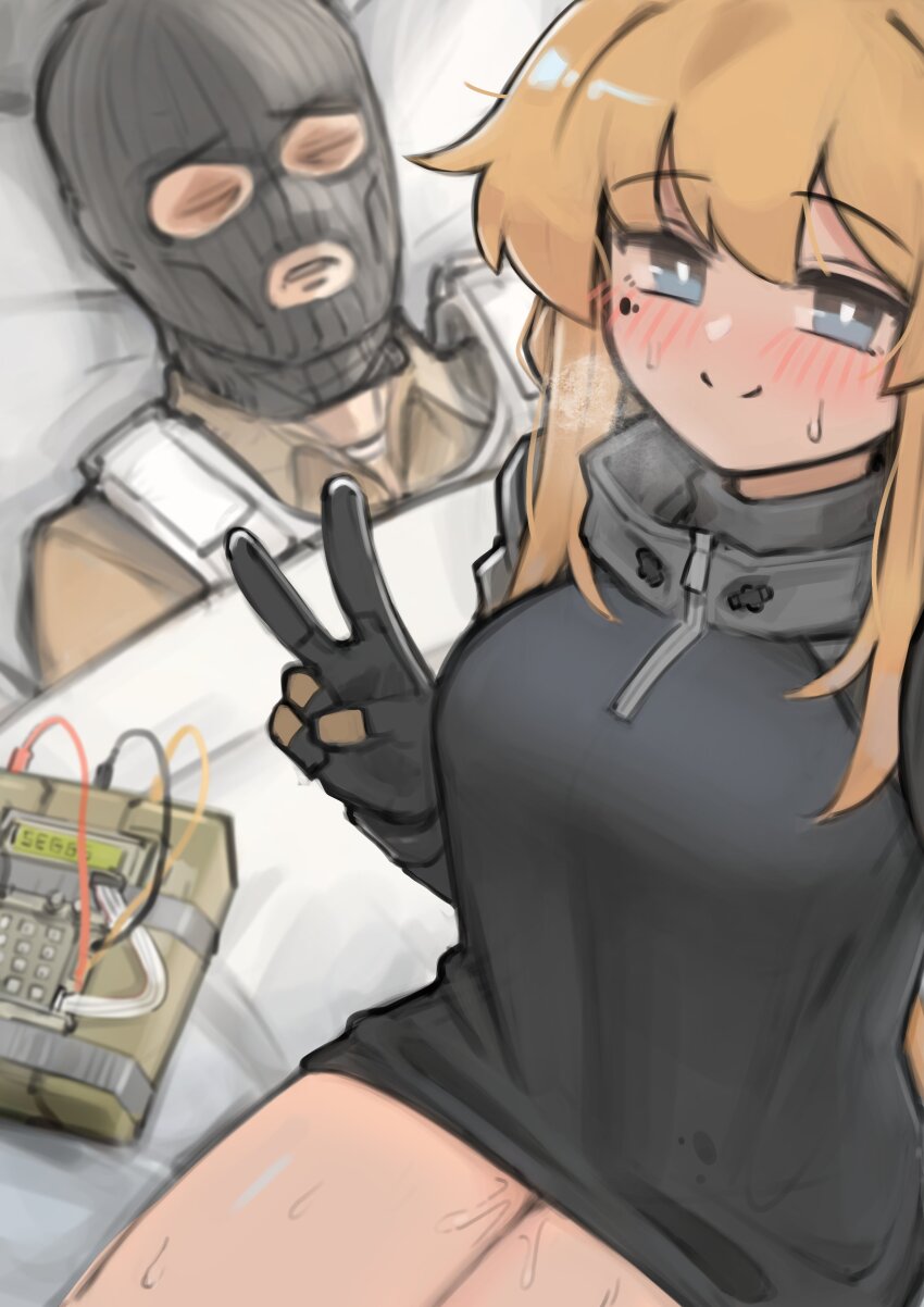 1boy 1girl absurdres balaclava black_gloves black_sweater blonde_hair bomb c4 counter-strike_(series) exhausted explosive gloves guy_tired_after_sex_(meme) highres implied_sex meme mole mole_under_eye original seggs_(meme) selfie sleeping sweater terrorist time_bomb v virtual_youtuber whiskey_project xerbatt zipper zipper_pull_tab