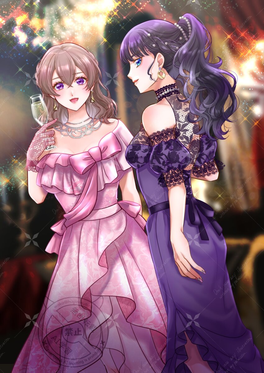2girls alcohol ballroom bare_arms bare_shoulders bead_curtain blunt_bangs braid breasts brown_hair bubble_skirt champagne chandelier choker cleavage cleavage_cutout clothing_cutout commission cup curtains delicious_party_precure dress drinking earrings gloves hair_ornament half_gloves half_up_braid highres holding holding_cup jewelry kasai_amane lace lace_choker lace_dress lace_gloves long_hair long_skirt looking_at_viewer looking_back multiple_girls nagomi_yui necklace parted_bangs party pearl_hair_ornament pink_dress ponytail precure puffy_short_sleeves puffy_sleeves purple_dress purple_hair ribbon-trimmed_dress ribbon_trim short_sleeves sideways_face skeb_commission skirt tight_clothes tight_dress twitter_username waka_(negronoir) watermark