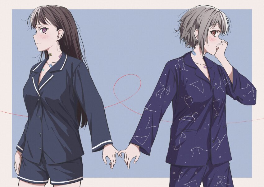 2girls absurdres bandaid bandaid_on_neck bang_dream! bang_dream!_it&#039;s_mygo!!!!! blue_pajamas blush border breasts brown_eyes brown_hair collarbone commentary constellation_print constellation_request covering_own_mouth cowboy_shot grey_hair hand_over_own_mouth highres blue_background long_hair looking_at_another looking_to_the_side medium_breasts mole mole_under_eye multiple_girls pajamas pinky_swear purple_eyes raito_taisha shiina_taki short_hair small_breasts string string_of_fate takamatsu_tomori wavy_mouth white_border yuri