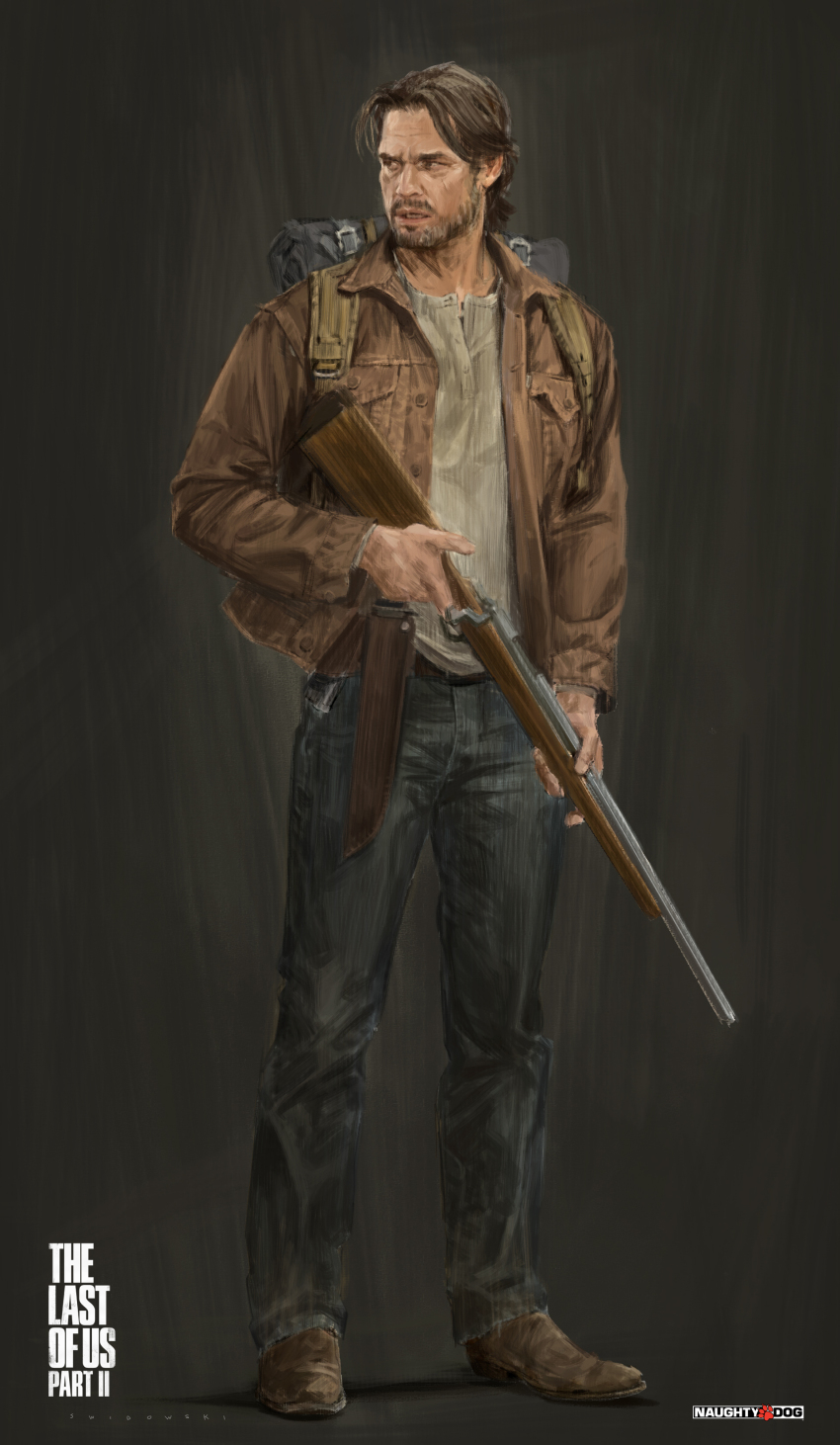 absurdres ashley_swidowski backpack bag beard boots brown_background brown_hair brown_jacket concept_art denim facial_hair gun highres jacket jeans knife official_art pants rifle shirt short_hair the_last_of_us_(series) the_last_of_us_2 tommy_miller weapon white_shirt