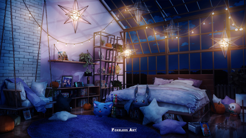 3d =_= animal_crossing animal_ear_fluff bed blanket blender_(medium) carpet character_request cloud commentary cover day desk_lamp electrical_outlet english_commentary figure foxeleos game_console gamecube gen_1_pokemon gen_7_pokemon highres indoors isabelle_(animal_crossing) lamp light_bulb mario_(series) night night_sky nintendo nintendo_switch open_window original photo_(object) photoshop_(medium) pikachu pillow pokemon pumpkin red_bull rope rowlet scenery shadow shelf sky stuffed_toy super_mario_sunshine tile_wall tiles video_game_cover video_game_cover_(object) window wooden_floor