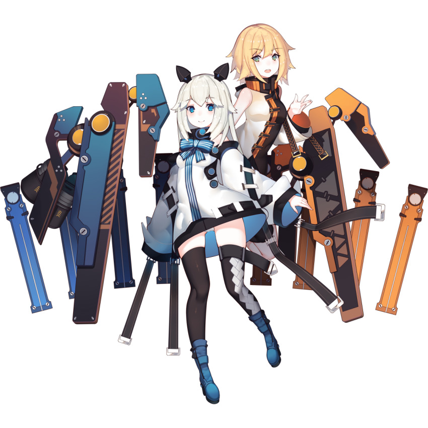 2girls animal_ears arm_belt artist_request asymmetrical_legwear bare_shoulders belt belt_buckle black_belt black_collar blonde_eyebrows blonde_hair blue_eyes blue_footwear boots breasts buckle buttons circle_print closed_mouth coat collar collared_coat coral_(final_gear) detached_sleeves double_horizontal_stripe evelyn_(final_gear) fake_animal_ears final_gear floating floating_object full_body gold_buckle green_eyes hair_between_eyes hair_ornament highres hood hooded_jacket horizontal_striped_belt jacket leg_up light_blush long_hair long_sleeves mecha_musume medium_breasts mismatched_legwear multicolored_coat multiple_girls neck_ribbon no_pants official_art open_mouth orange_collar panties ribbon sidelocks simple_background smile striped_belt striped_ribbon tachi-e teeth third-party_source transparent_background two-tone_belt two-tone_coat two-tone_collar underwear upper_teeth_only very_long_hair white_coat white_eyebrows white_hair white_jacket white_panties wide_sleeves