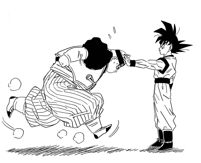 2boys android_19 baggy_pants dougi dragon_ball dragonball_z dust_cloud flying_sweatdrops greyscale hand_on_another&#039;s_head hat highres lee_(dragon_garou) male_focus monochrome motion_lines multiple_boys muscular pants pushing_away son_goku sweat wristband