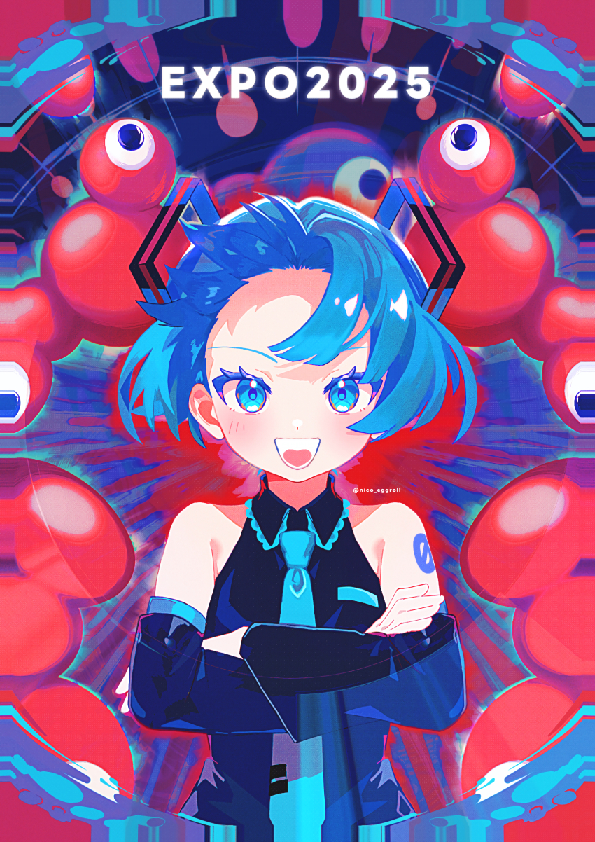 1girl absurdres bare_shoulders blue_eyes blue_hair collared_shirt commentary_request crossed_arms expo2025 eyeball hatsune_miku highres looking_at_viewer myaku-myaku nico_eggroll number_tattoo open_mouth shirt smile solo straight-on tattoo twintails upper_body vocaloid