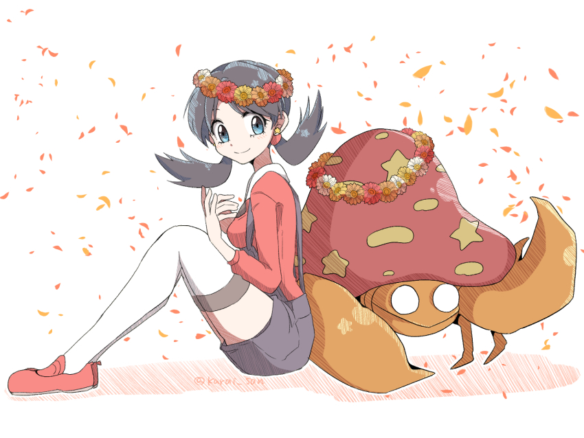 1girl blue_eyes blue_overalls breasts closed_mouth commentary earrings falling_petals flower game_freak gen_1_pokemon grey_hair head_wreath highres jewelry karai_san knees_up kris_(pokemon) light_blush long_hair mushroom nintendo orange_flower overalls parasect petals pokemon pokemon_(creature) pokemon_adventures red_flower red_footwear red_shirt shirt shoes sitting small_breasts smile star_(symbol) star_earrings thighhighs twintails twitter_username white_background white_thighhighs